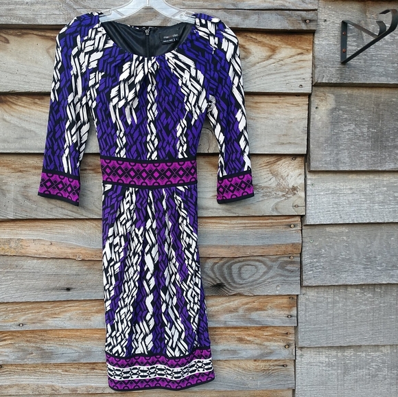 Max & Cleo Dark Purple White Black Lilac Dress LS Ties In Back - Picture 4 of 16